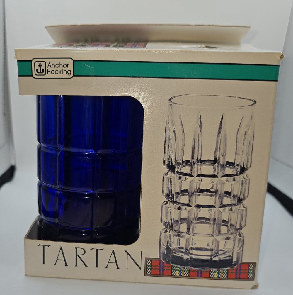 Anchor Hocking TARTAN COBALT Flat Iced Tea Glasses - Set/4 - 16 oz. Open Box